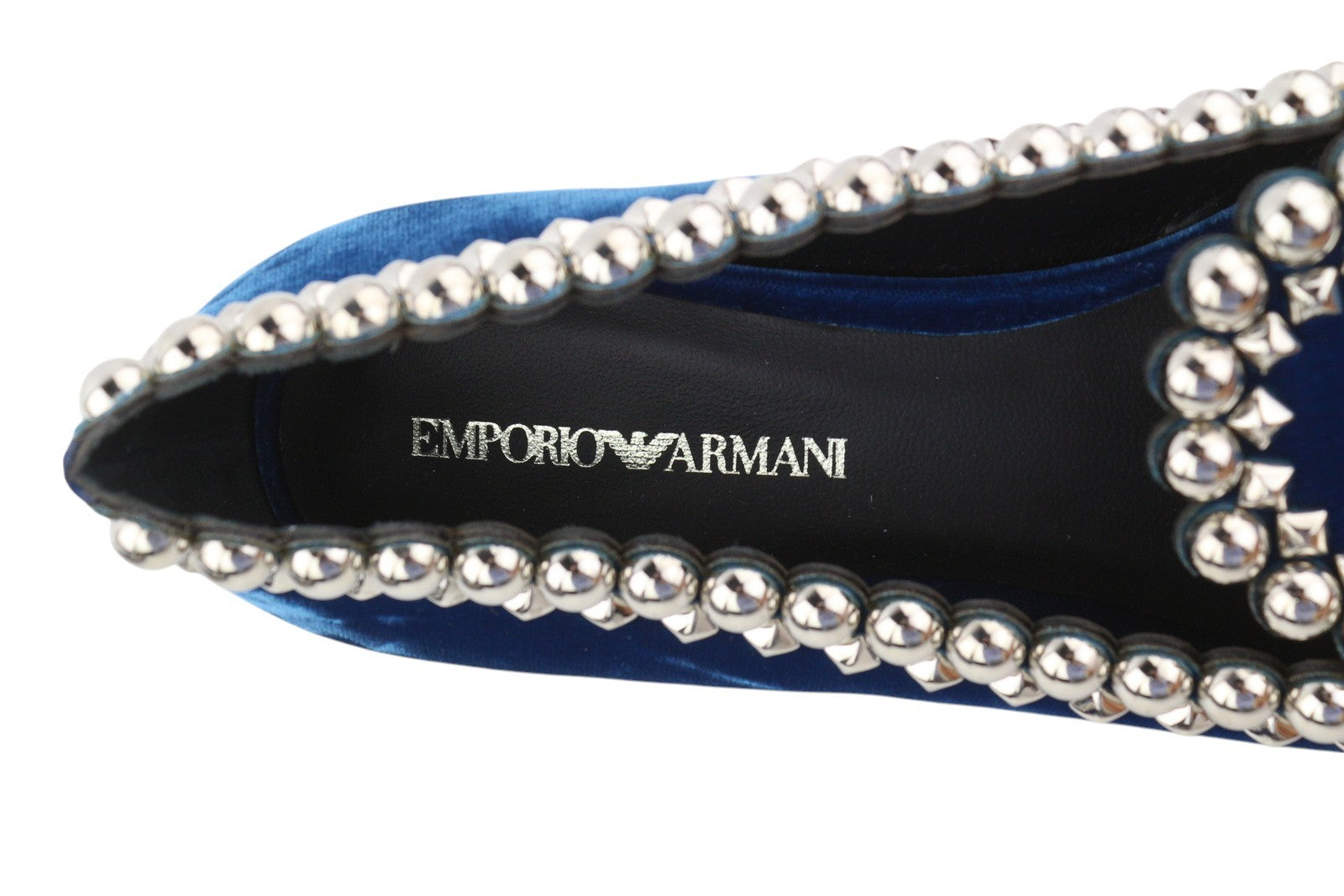 EMPORIO ARMANI X3A082 Women Shoes EU37 Blue Velvet Pointed Toe Metal Details