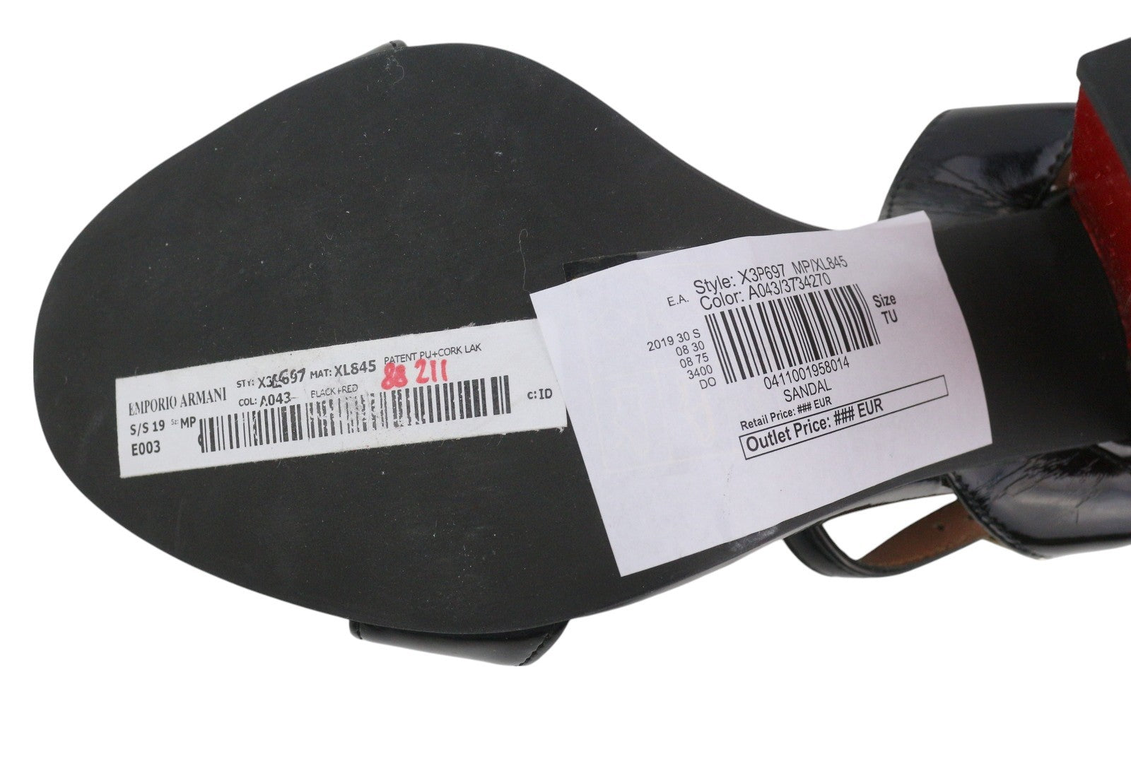 EMPORIO ARMANI X3P697 Women Heels EU37 Black Patent Leather Open Toe Block Heels