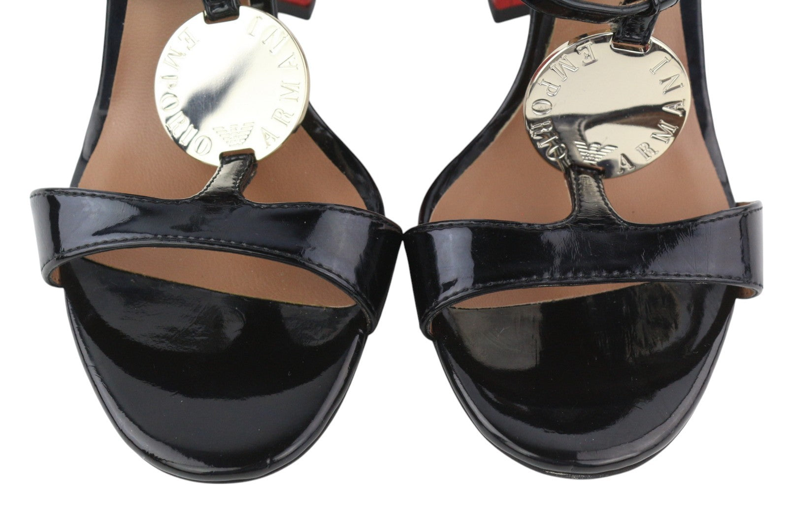 EMPORIO ARMANI X3P697 Women Heels EU37 Black Patent Leather Open Toe Block Heels