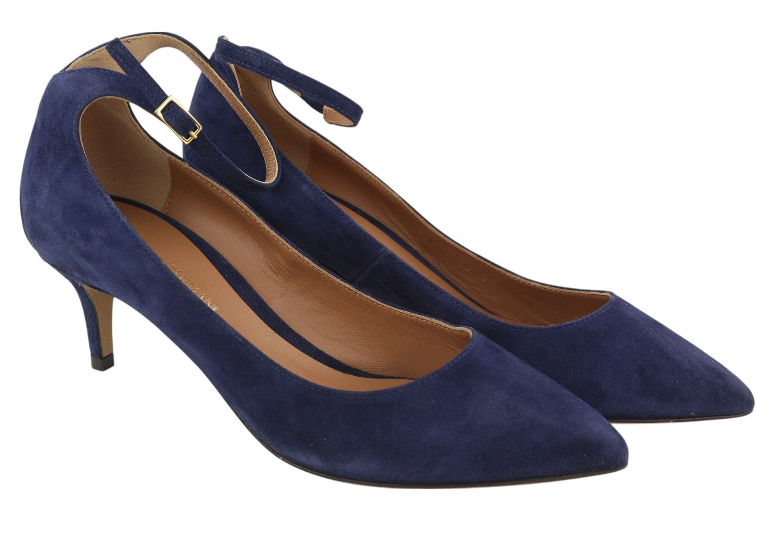 EMPORIO ARMANI Women Heels EU37 Blue Suede Leather Pointed Toe Buckle Closure