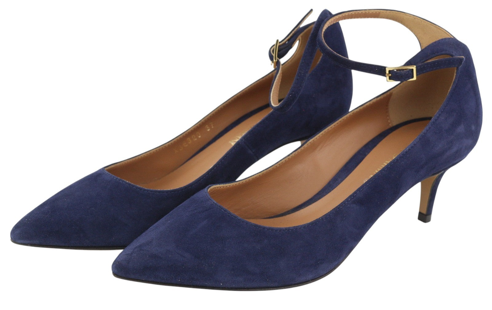 EMPORIO ARMANI Women Heels EU37 Blue Suede Leather Pointed Toe Buckle Closure