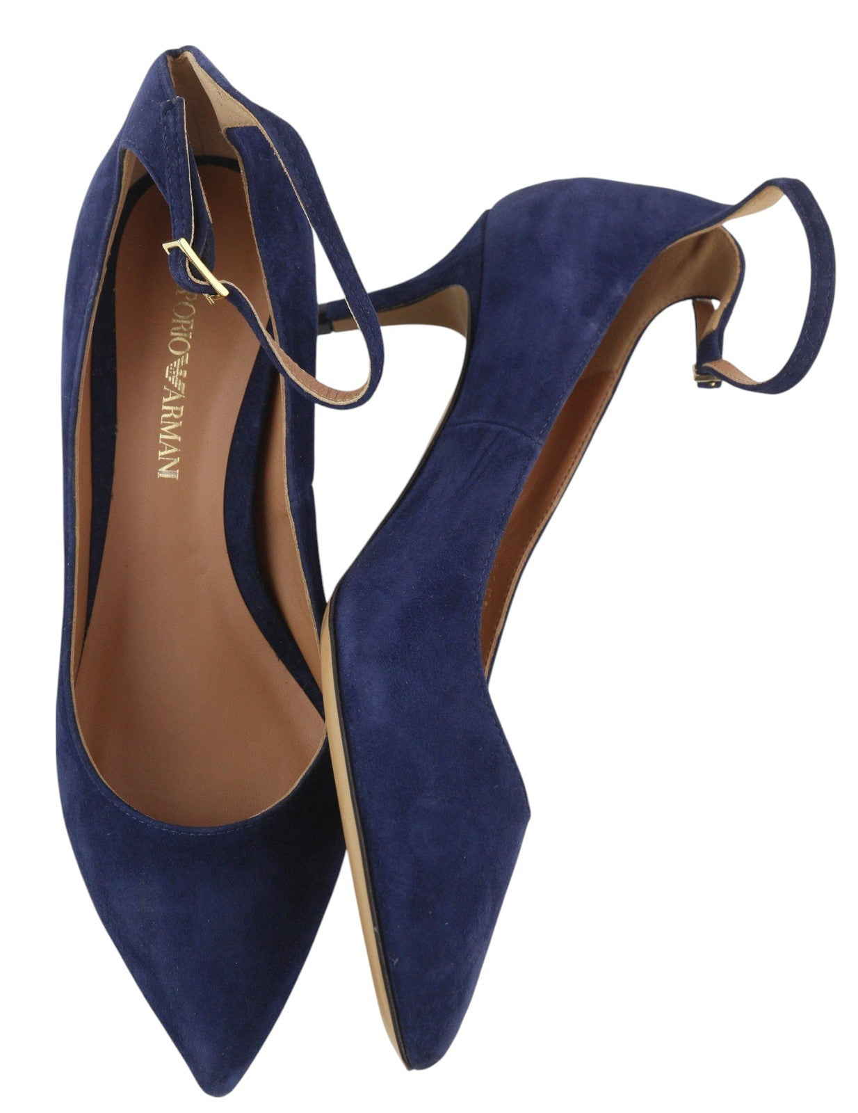EMPORIO ARMANI Women Heels EU37 Blue Suede Leather Pointed Toe Buckle Closure