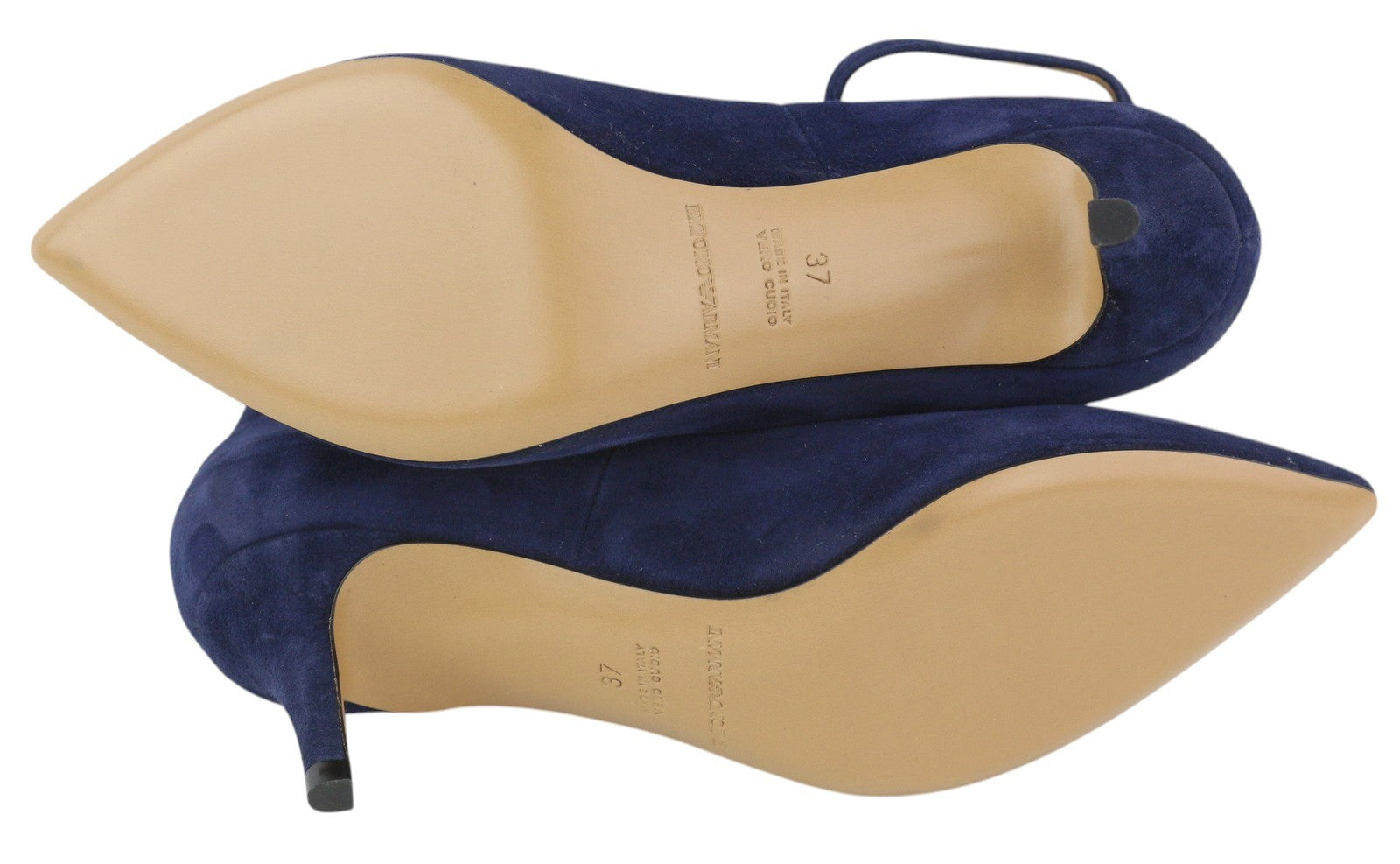 EMPORIO ARMANI Women Heels EU37 Blue Suede Leather Pointed Toe Buckle Closure