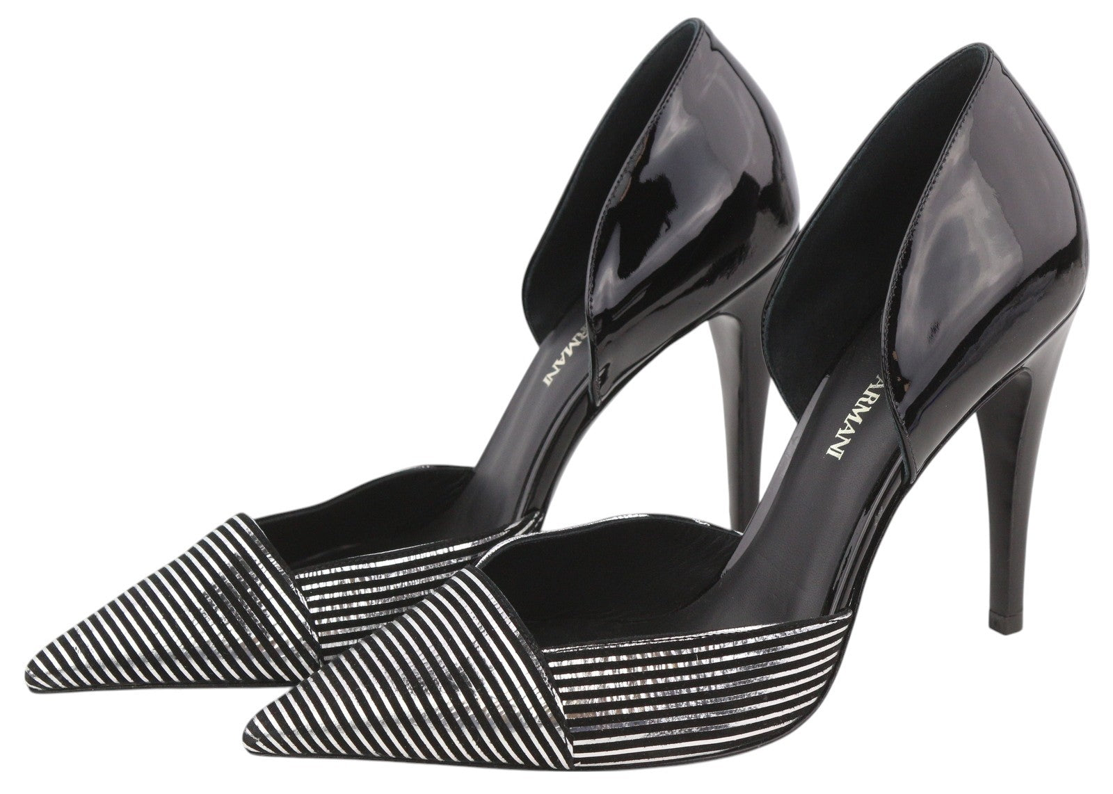 EMPORIO ARMANI Women Heels EU37 Black Patent Leather Shiny Striped Pointed Toe