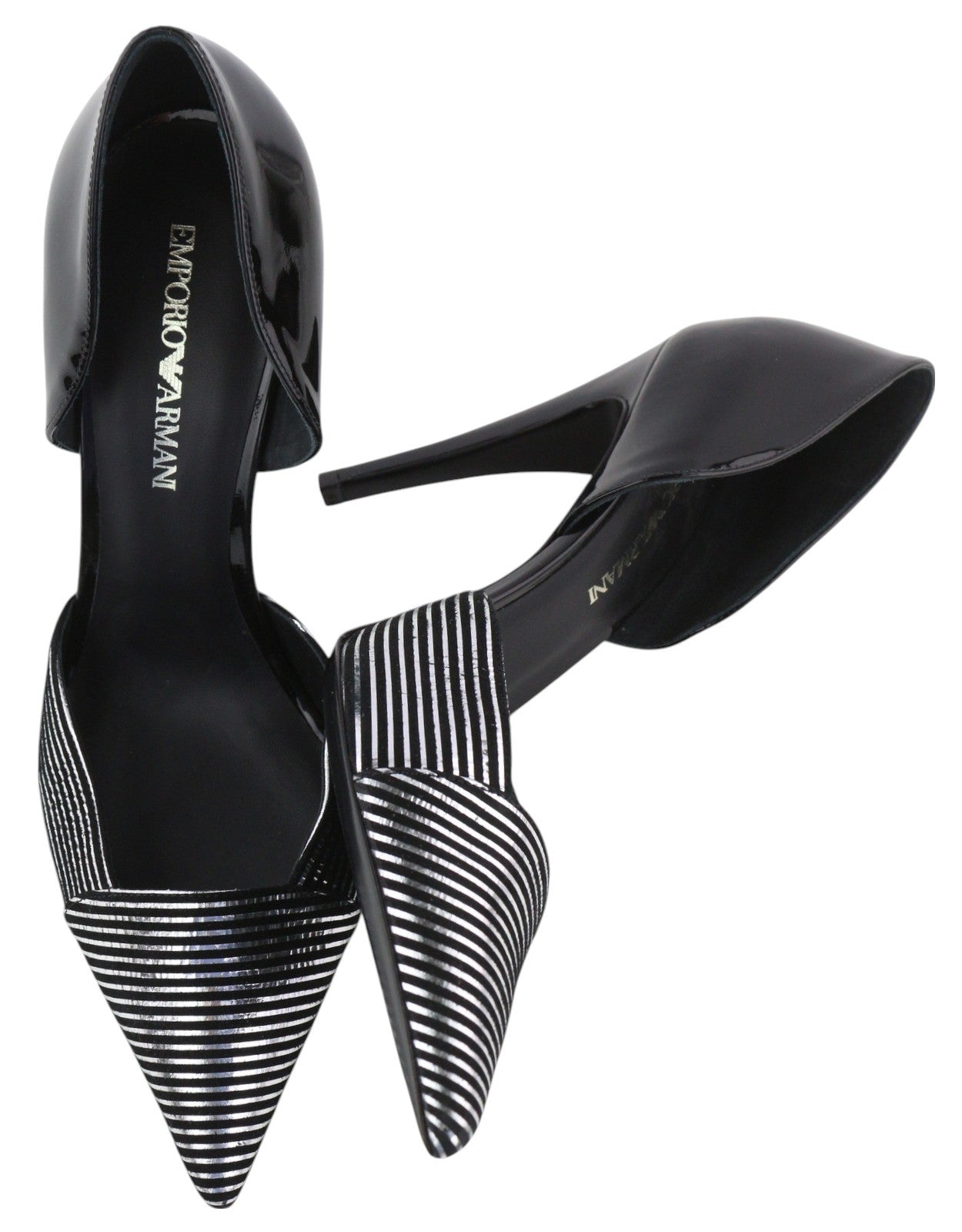 EMPORIO ARMANI Women Heels EU37 Black Patent Leather Shiny Striped Pointed Toe