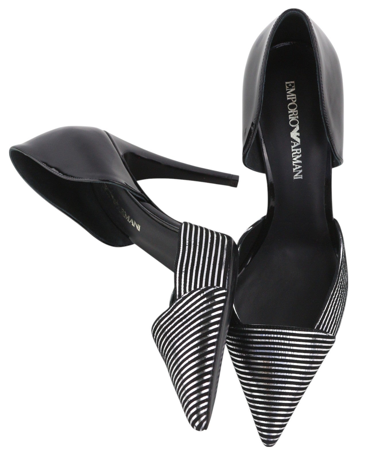 EMPORIO ARMANI Women Heels EU37 Black Patent Leather Shiny Striped Pointed Toe