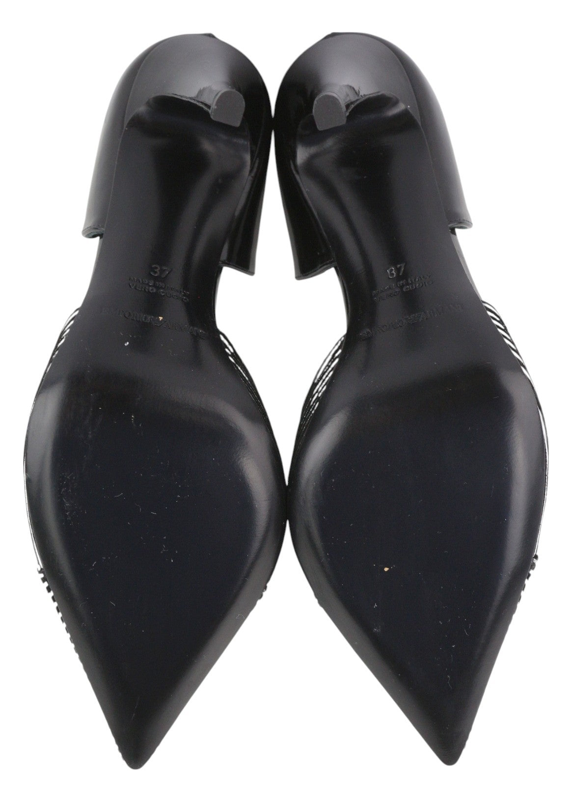 EMPORIO ARMANI Women Heels EU37 Black Patent Leather Shiny Striped Pointed Toe