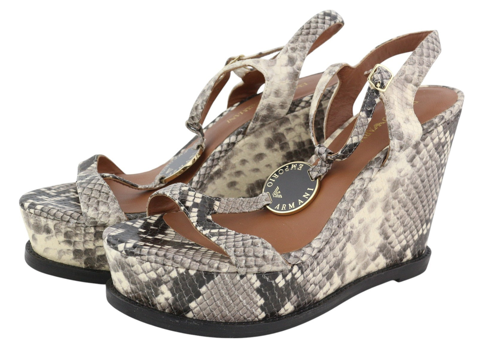 EMPORIO ARMANI Women Sandals EU37 Leather Snake Pattern Platform Heeled RRP€288