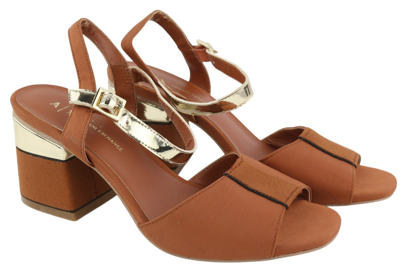 ARMANI EXCHANGE XDP005 Women Sandals EU37 Brown Shiny Leather Details Block Heel