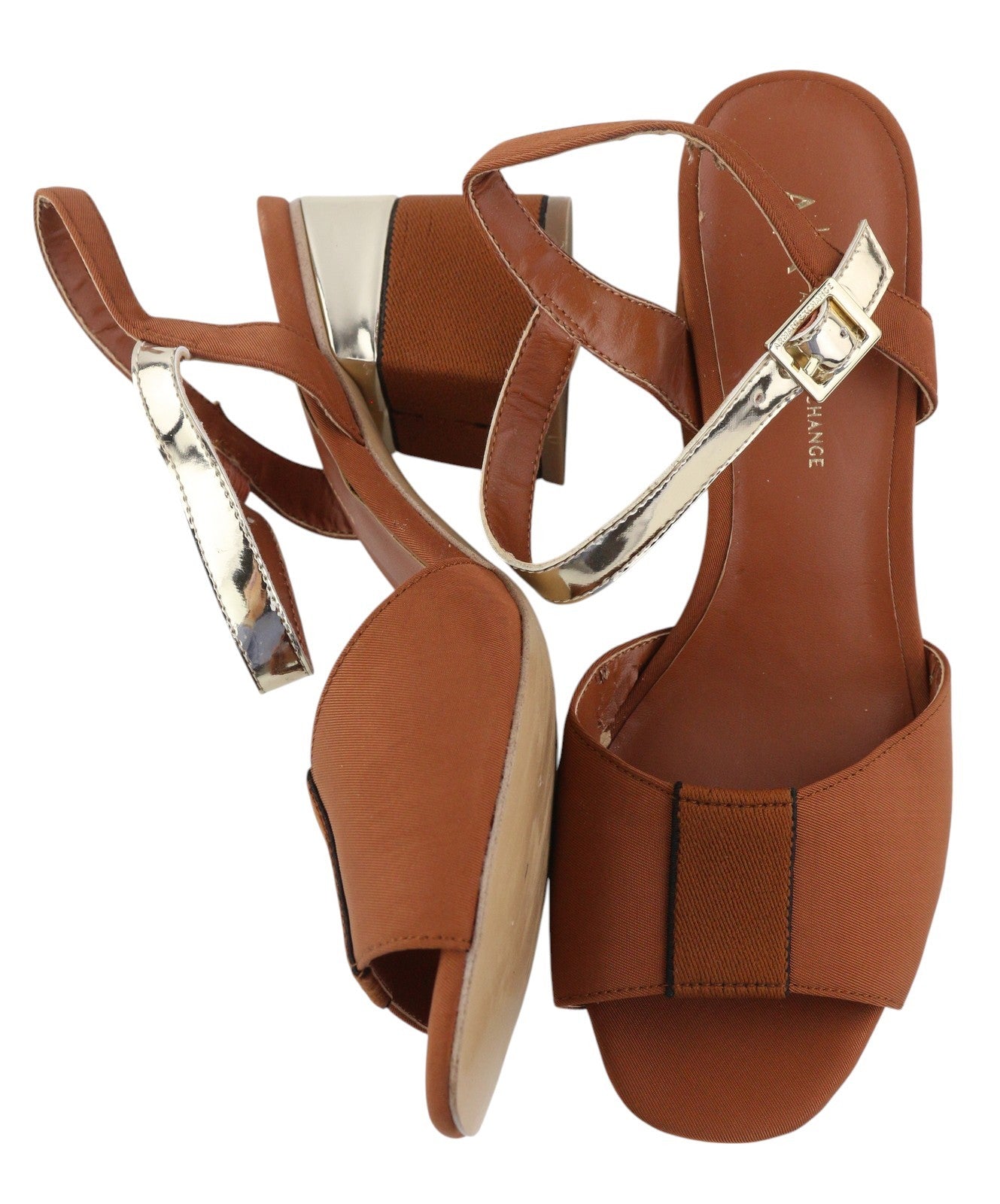 ARMANI EXCHANGE XDP005 Women Sandals EU37 Brown Shiny Leather Details Block Heel