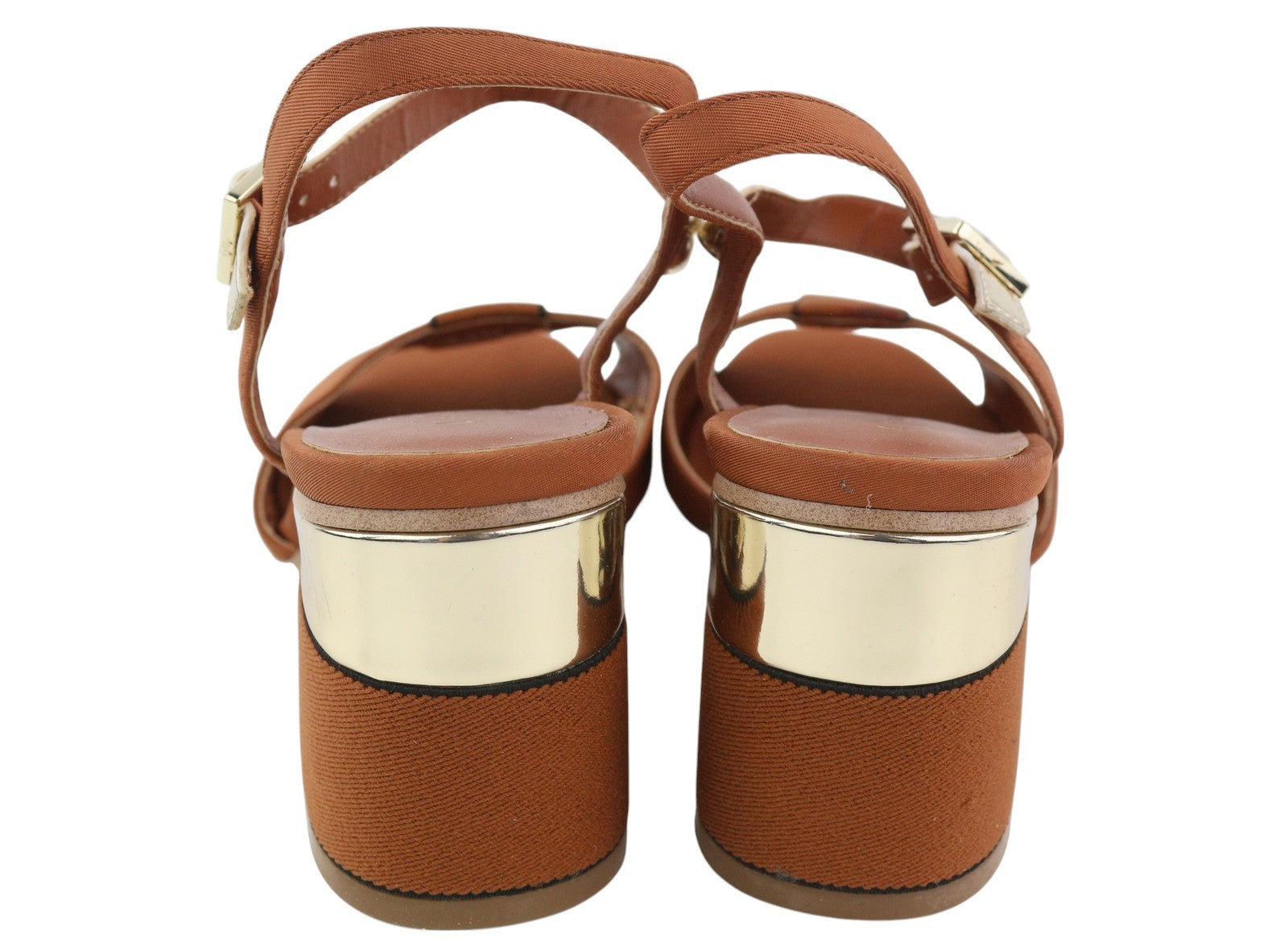 ARMANI EXCHANGE XDP005 Women Sandals EU37 Brown Shiny Leather Details Block Heel