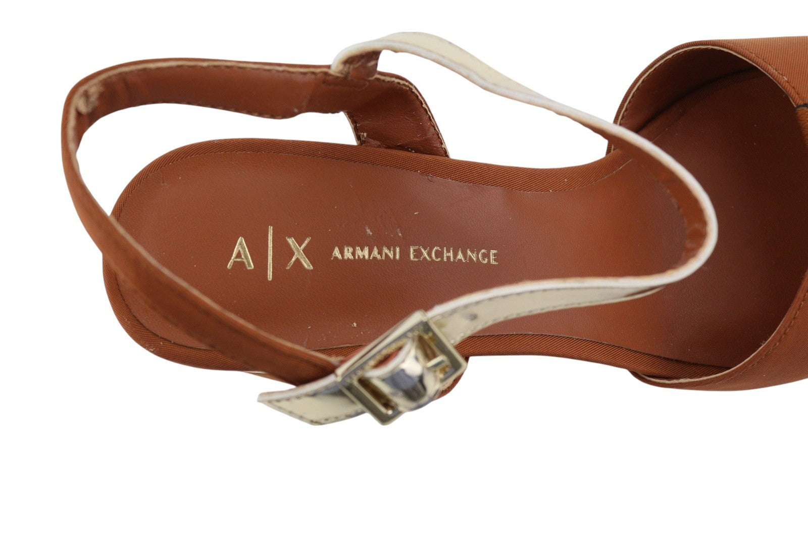 ARMANI EXCHANGE XDP005 Women Sandals EU37 Brown Shiny Leather Details Block Heel