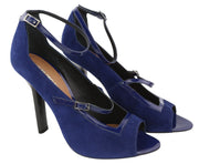 EMPORIO ARMANI X3P741 Women Heels EU37 Blue Suede Patent Leather Open Toe Buckle