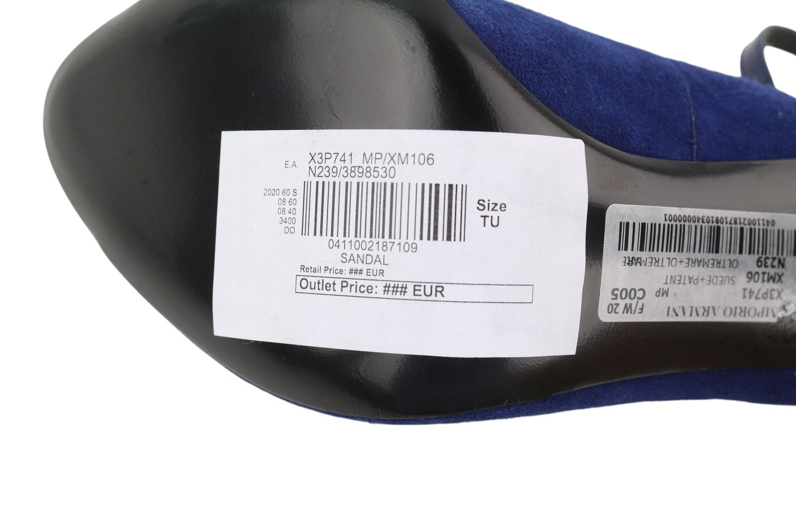 EMPORIO ARMANI X3P741 Women Heels EU37 Blue Suede Patent Leather Open Toe Buckle