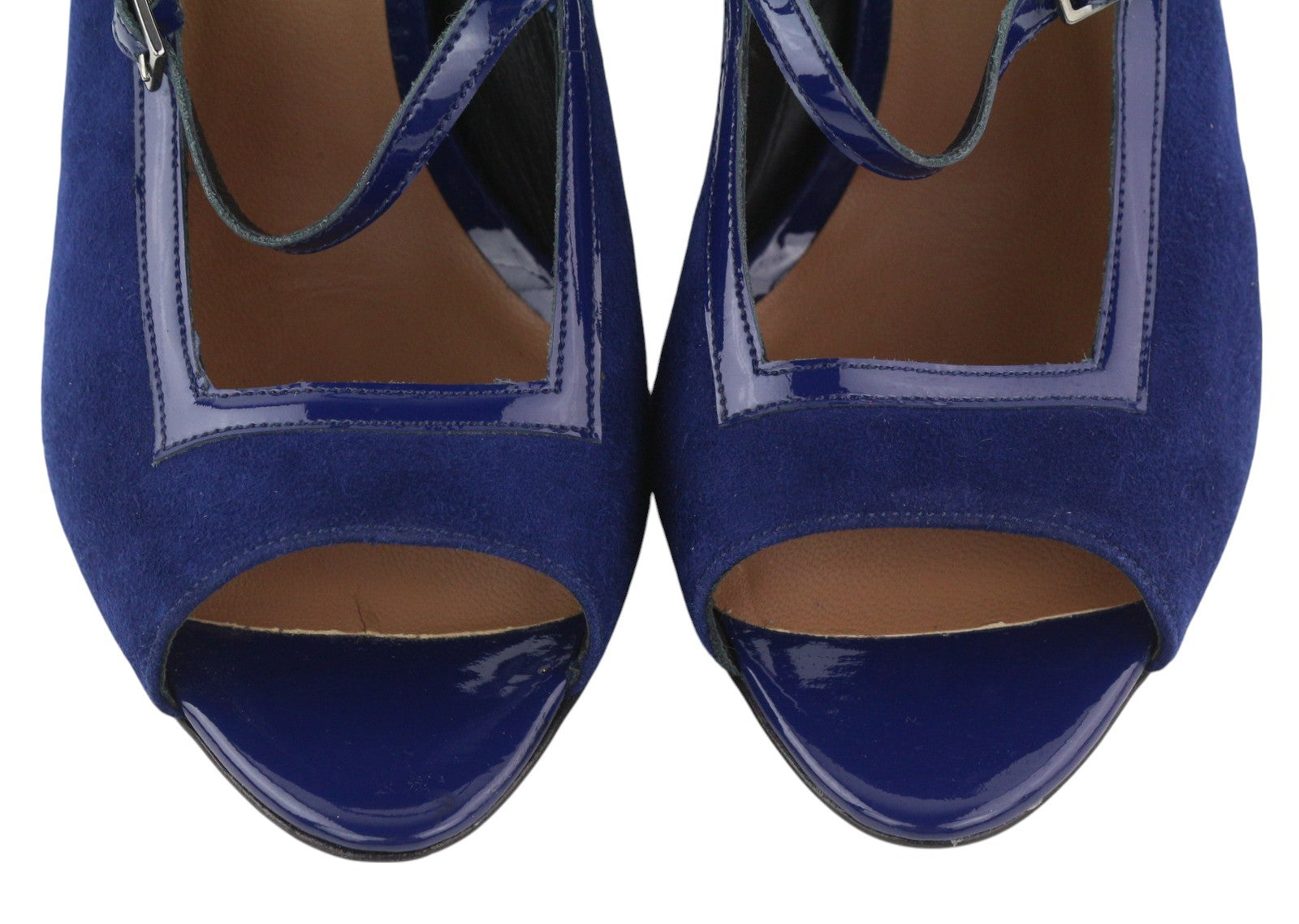 EMPORIO ARMANI X3P741 Women Heels EU37 Blue Suede Patent Leather Open Toe Buckle