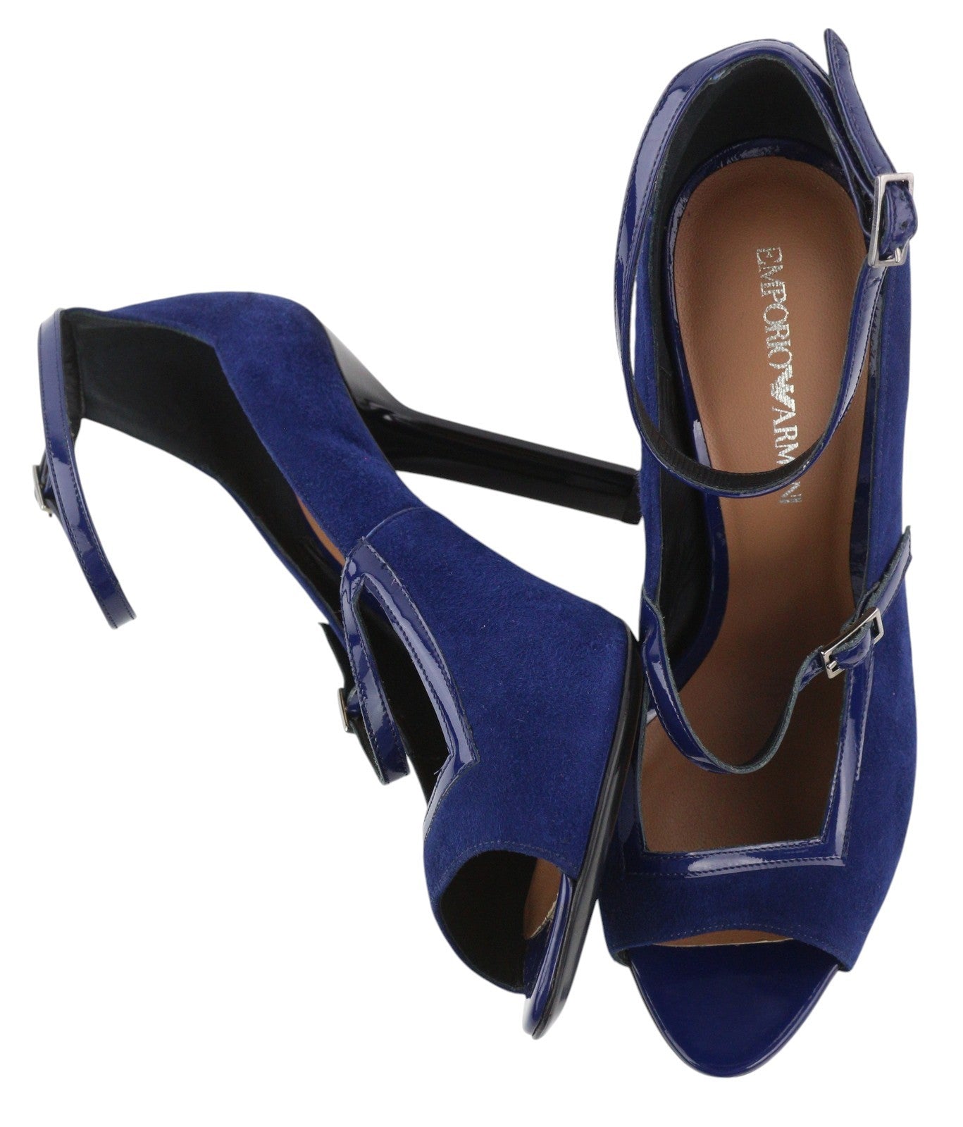 EMPORIO ARMANI X3P741 Women Heels EU37 Blue Suede Patent Leather Open Toe Buckle