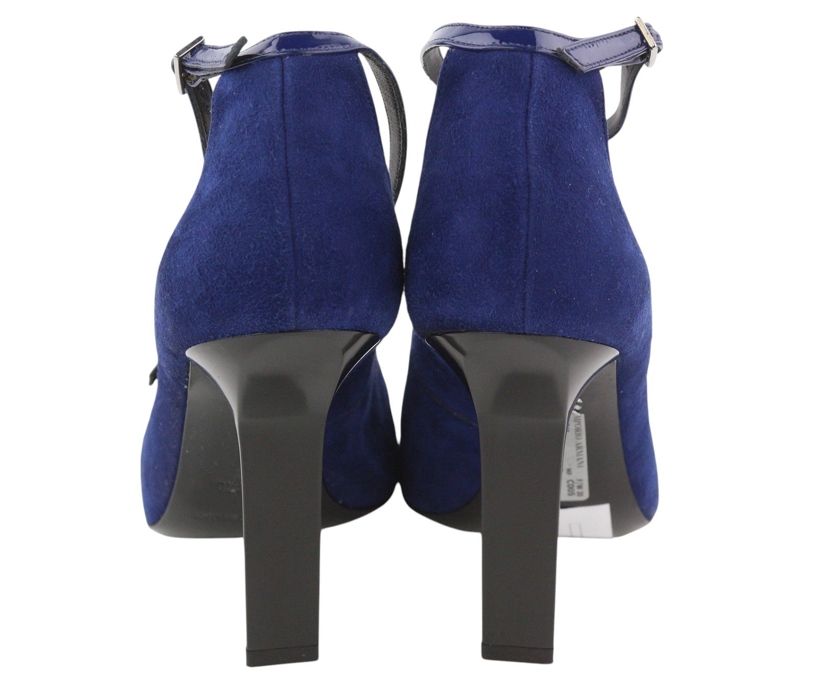 EMPORIO ARMANI X3P741 Women Heels EU37 Blue Suede Patent Leather Open Toe Buckle
