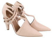 EMPORIO ARMANI Women Heels EU37 Light Pink Leather Strappy Pointed Toe Buckle