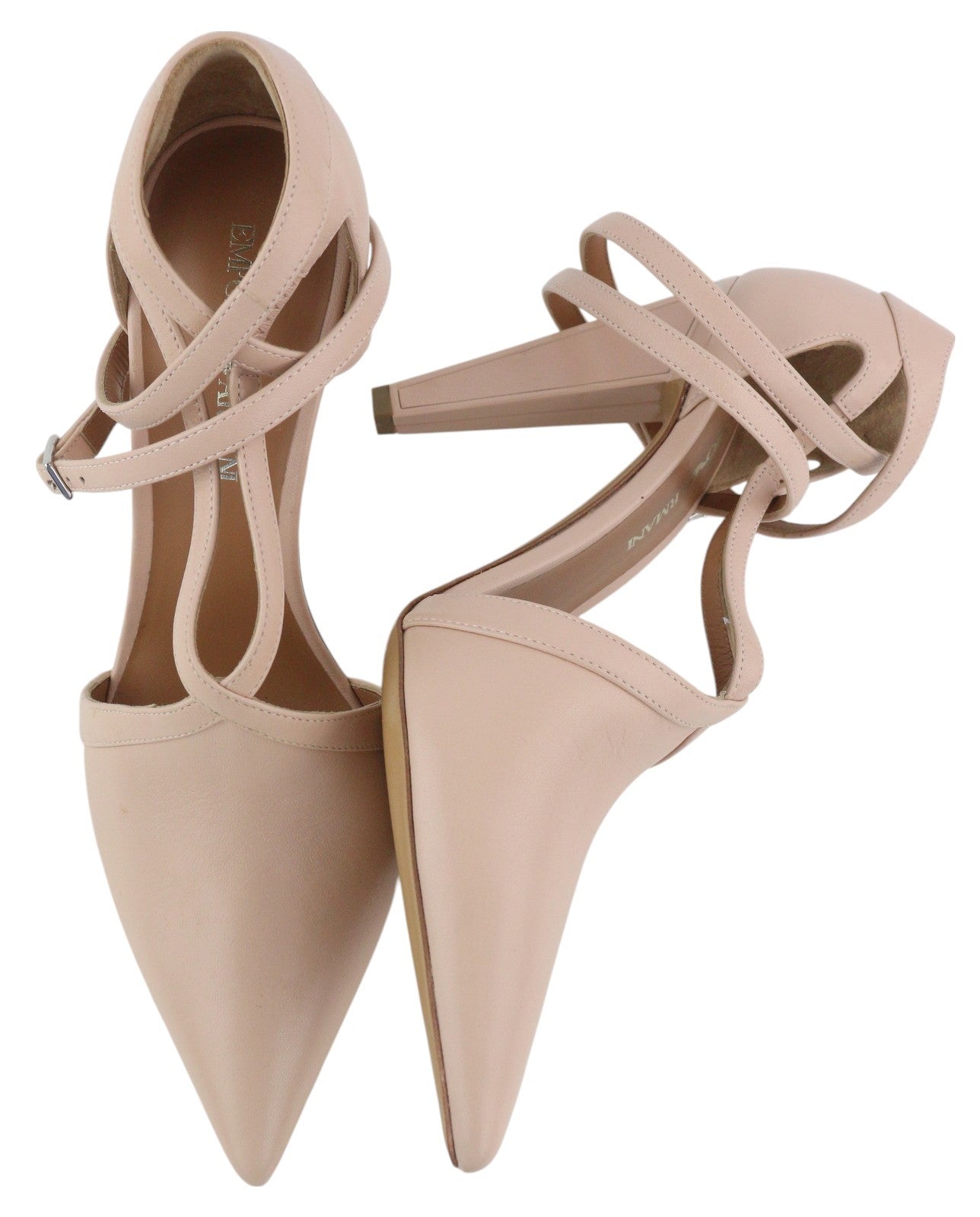 EMPORIO ARMANI Women Heels EU37 Light Pink Leather Strappy Pointed Toe Buckle