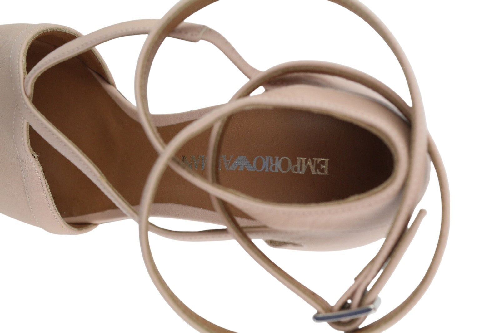 EMPORIO ARMANI Women Heels EU37 Light Pink Leather Strappy Pointed Toe Buckle