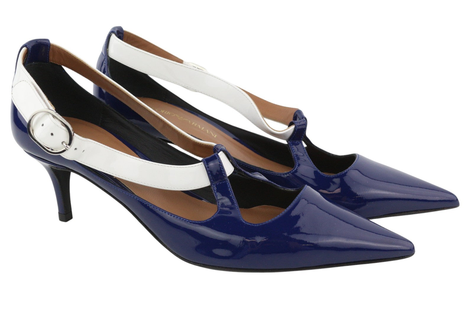 EMPORIO ARMANI X3E397 Women Heels EU37 Blue Patent Leather Pointed Toe Buckle