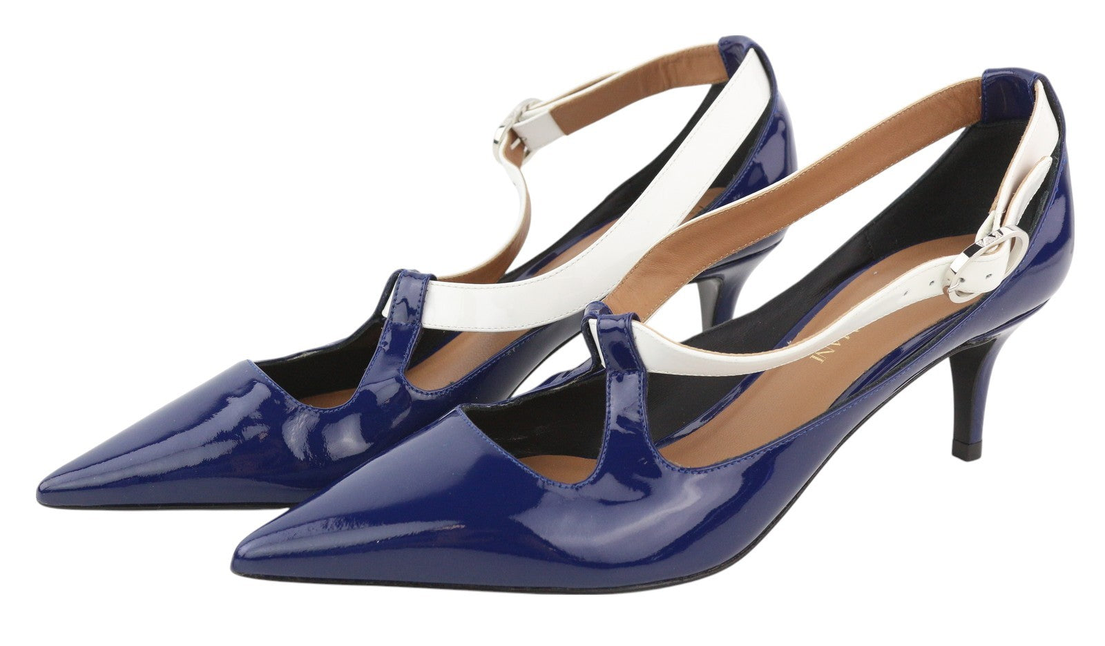 EMPORIO ARMANI X3E397 Women Heels EU37 Blue Patent Leather Pointed Toe Buckle