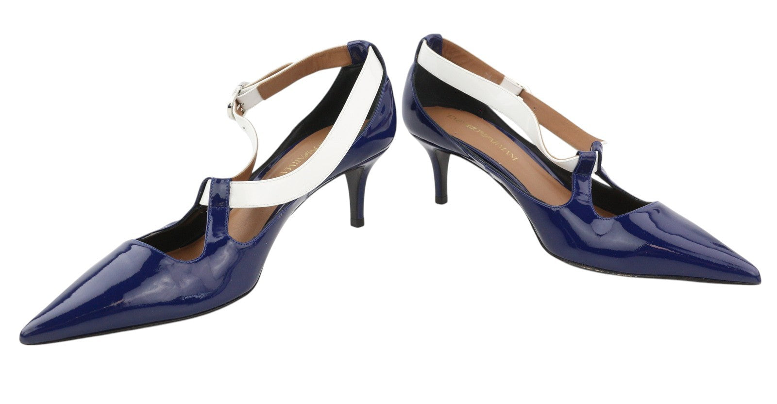 EMPORIO ARMANI X3E397 Women Heels EU37 Blue Patent Leather Pointed Toe Buckle