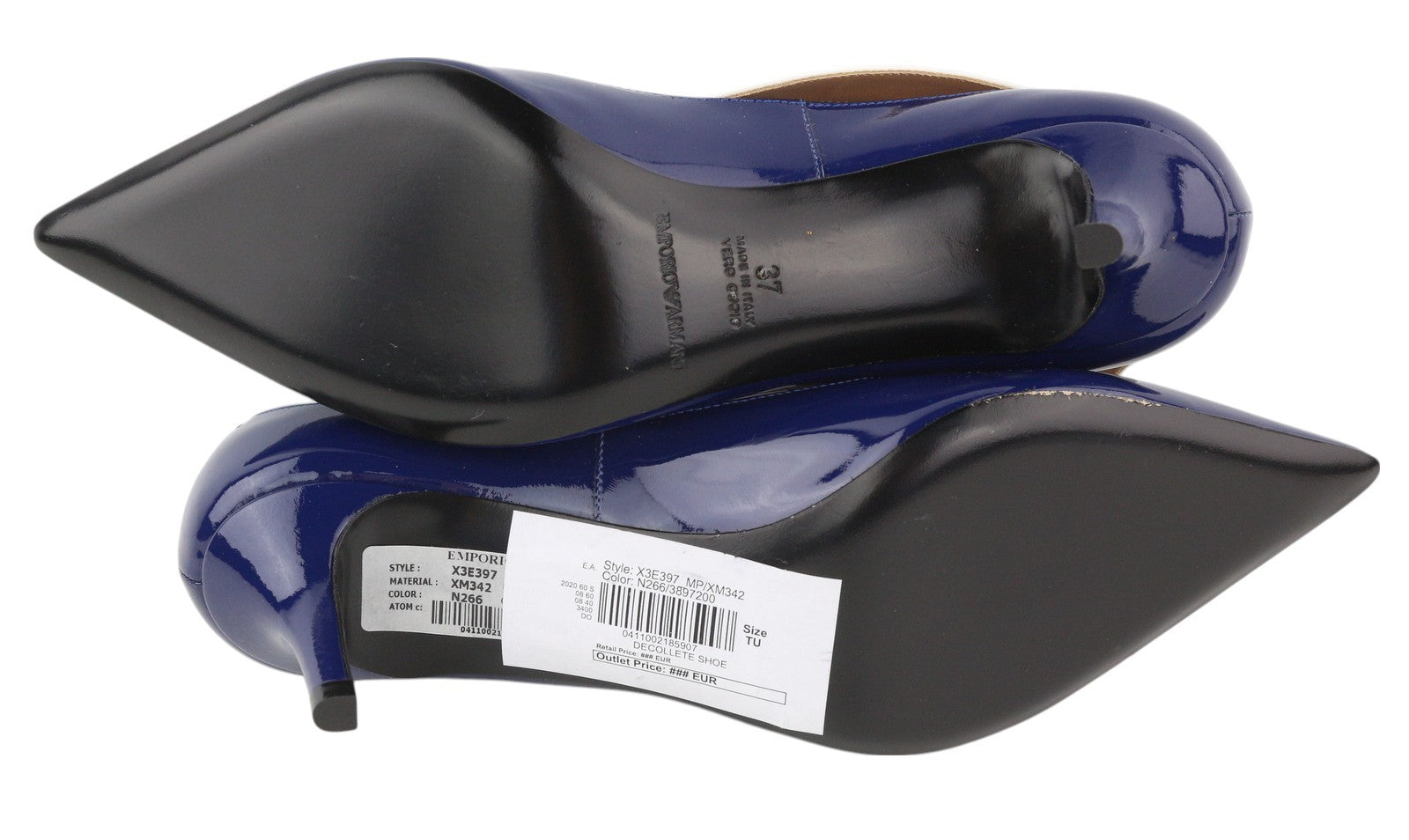 EMPORIO ARMANI X3E397 Women Heels EU37 Blue Patent Leather Pointed Toe Buckle