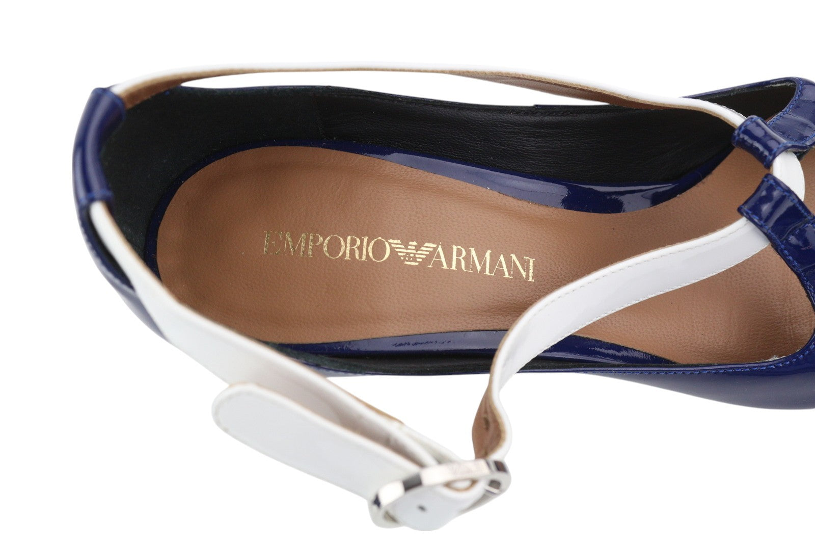 EMPORIO ARMANI X3E397 Women Heels EU37 Blue Patent Leather Pointed Toe Buckle