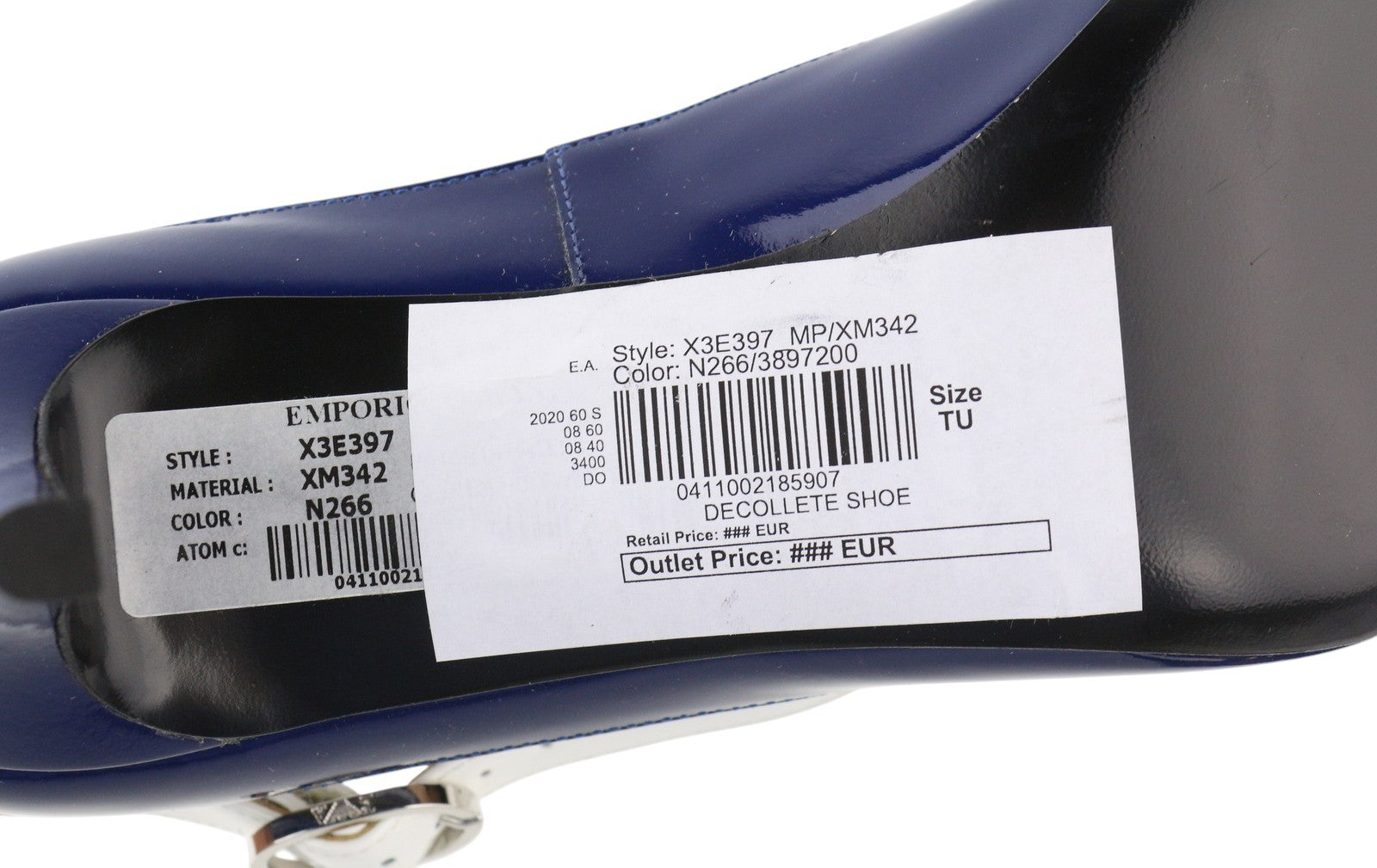 EMPORIO ARMANI X3E397 Women Heels EU37 Blue Patent Leather Pointed Toe Buckle