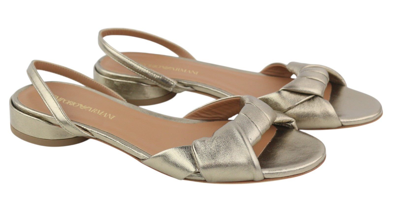 EMPORIO ARMANI Women Sandals EU37 Shiny Gold Leather Heeled Slip On Flats Logo