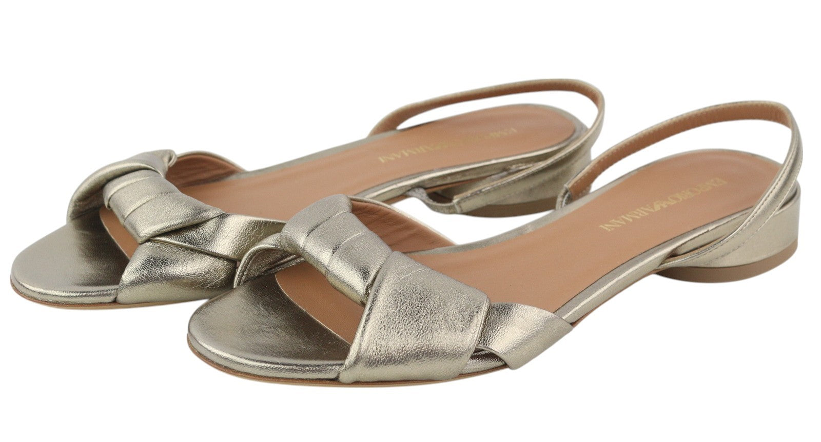 EMPORIO ARMANI Women Sandals EU37 Shiny Gold Leather Heeled Slip On Flats Logo