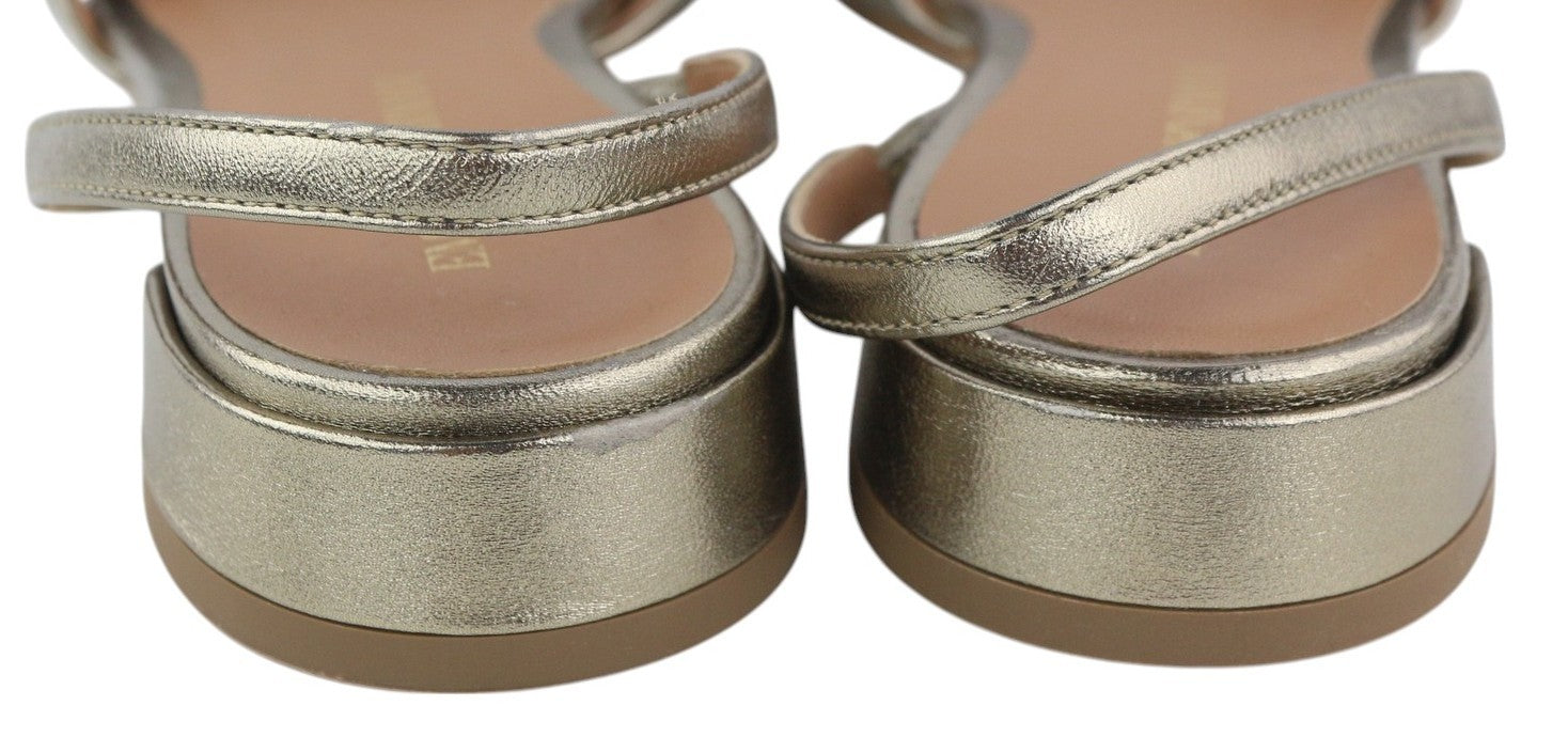 EMPORIO ARMANI Women Sandals EU37 Shiny Gold Leather Heeled Slip On Flats Logo