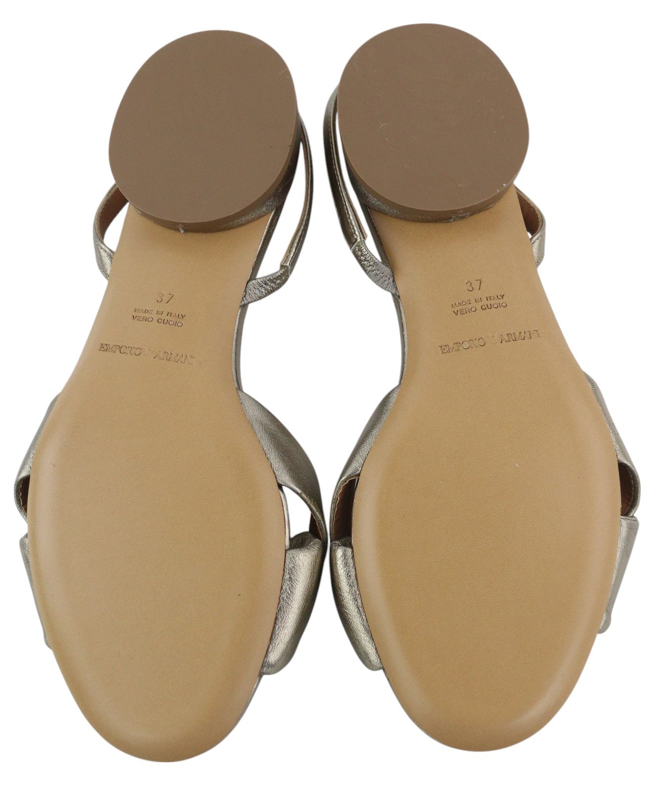 EMPORIO ARMANI Women Sandals EU37 Shiny Gold Leather Heeled Slip On Flats Logo