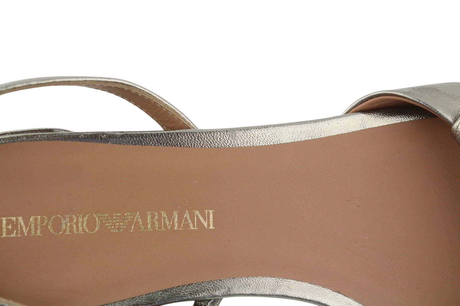 EMPORIO ARMANI Women Sandals EU37 Shiny Gold Leather Heeled Slip On Flats Logo