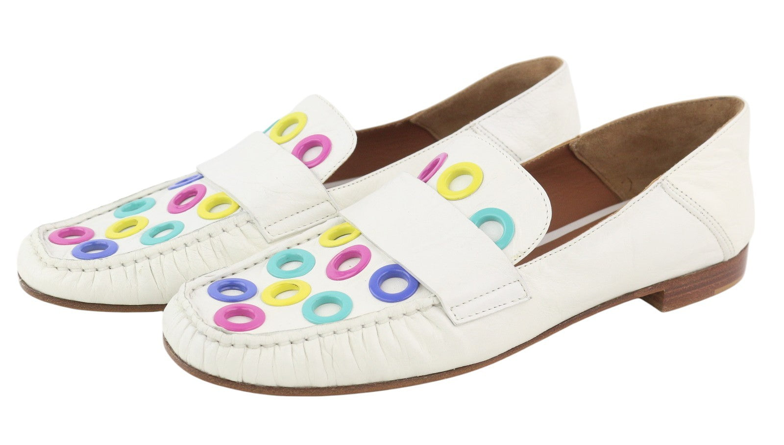 EMPORIO ARMANI Women Shoes EU37 White Leather Square Toe Colorful Detail Loafers