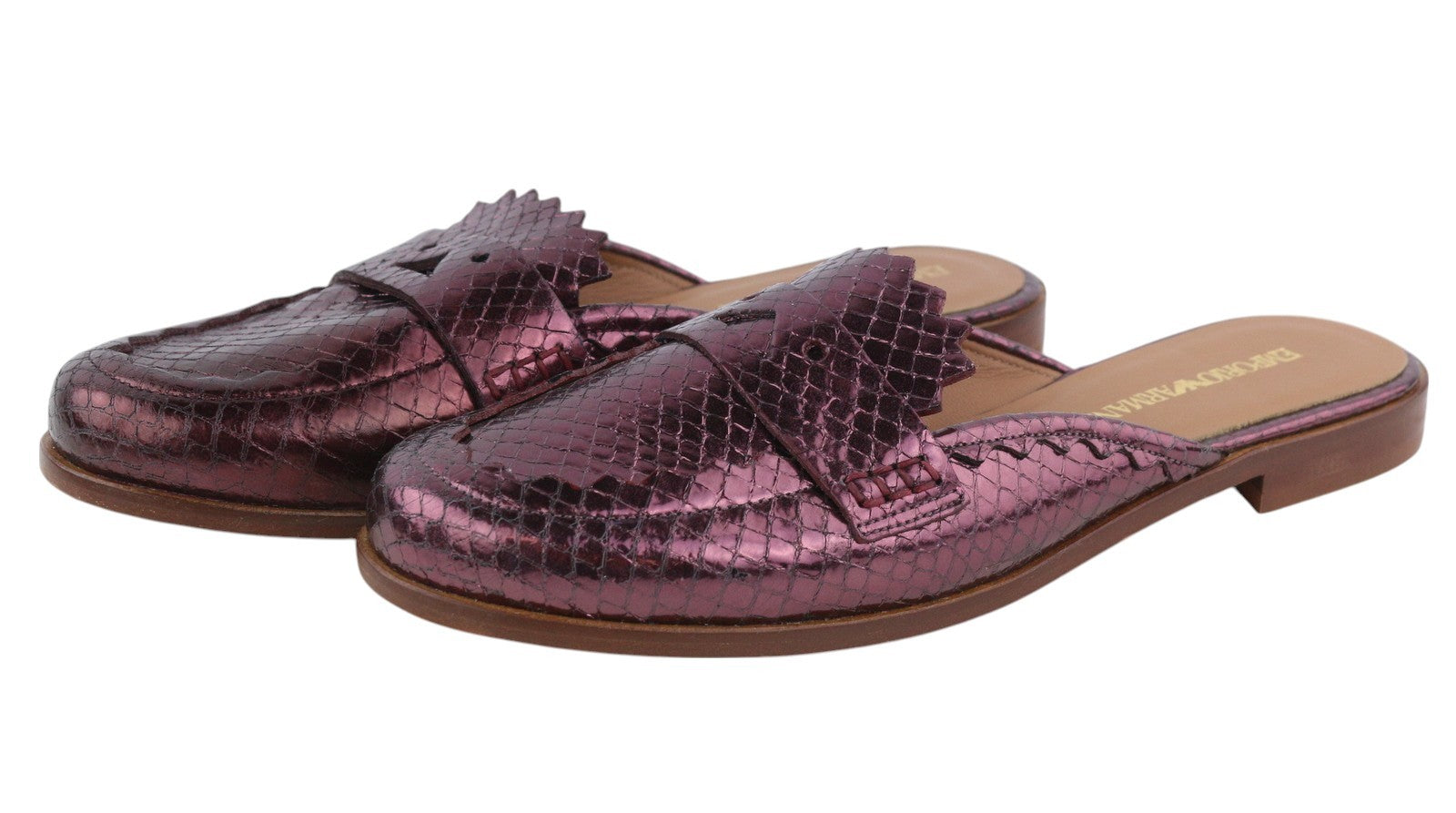 EMPORIO ARMANI X3A068 Women Flats EU37 Purple Leather Slip-On Sandals Mule Shiny