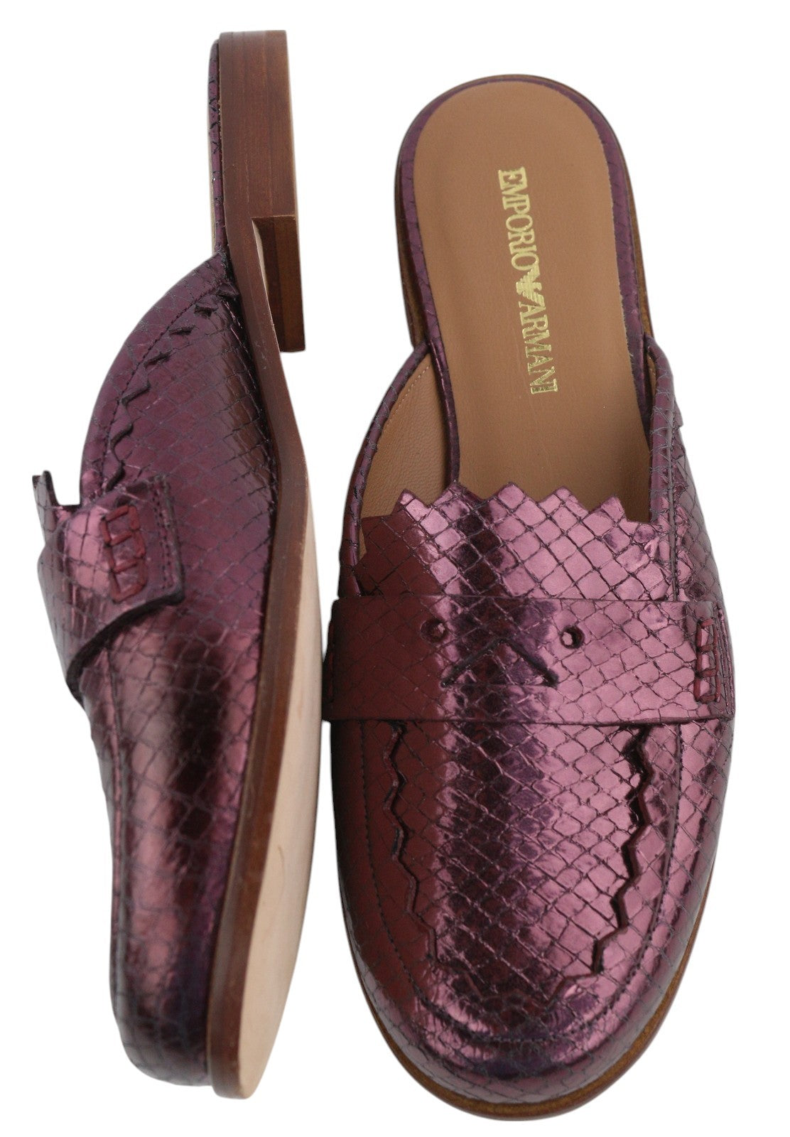 EMPORIO ARMANI X3A068 Women Flats EU37 Purple Leather Slip-On Sandals Mule Shiny