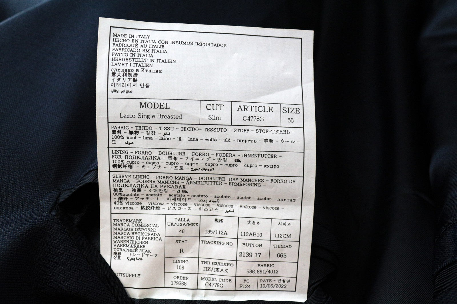 SUITSUPPLY Lazio Suit UK46R Men's Blue Slim Fit Wool 110's Lined 2 Piece