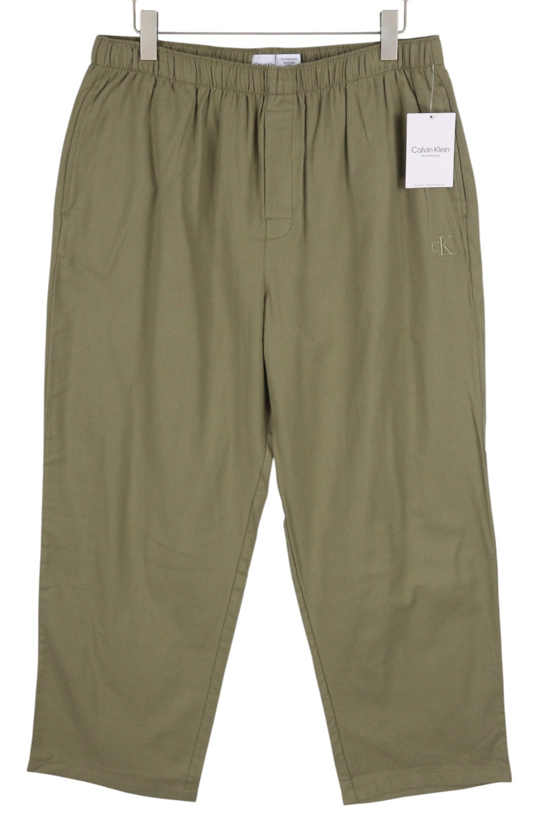 CALVIN KLEIN Men Trousers XL Khaki Green Flannel Elastic Waist Logo Sleepwear