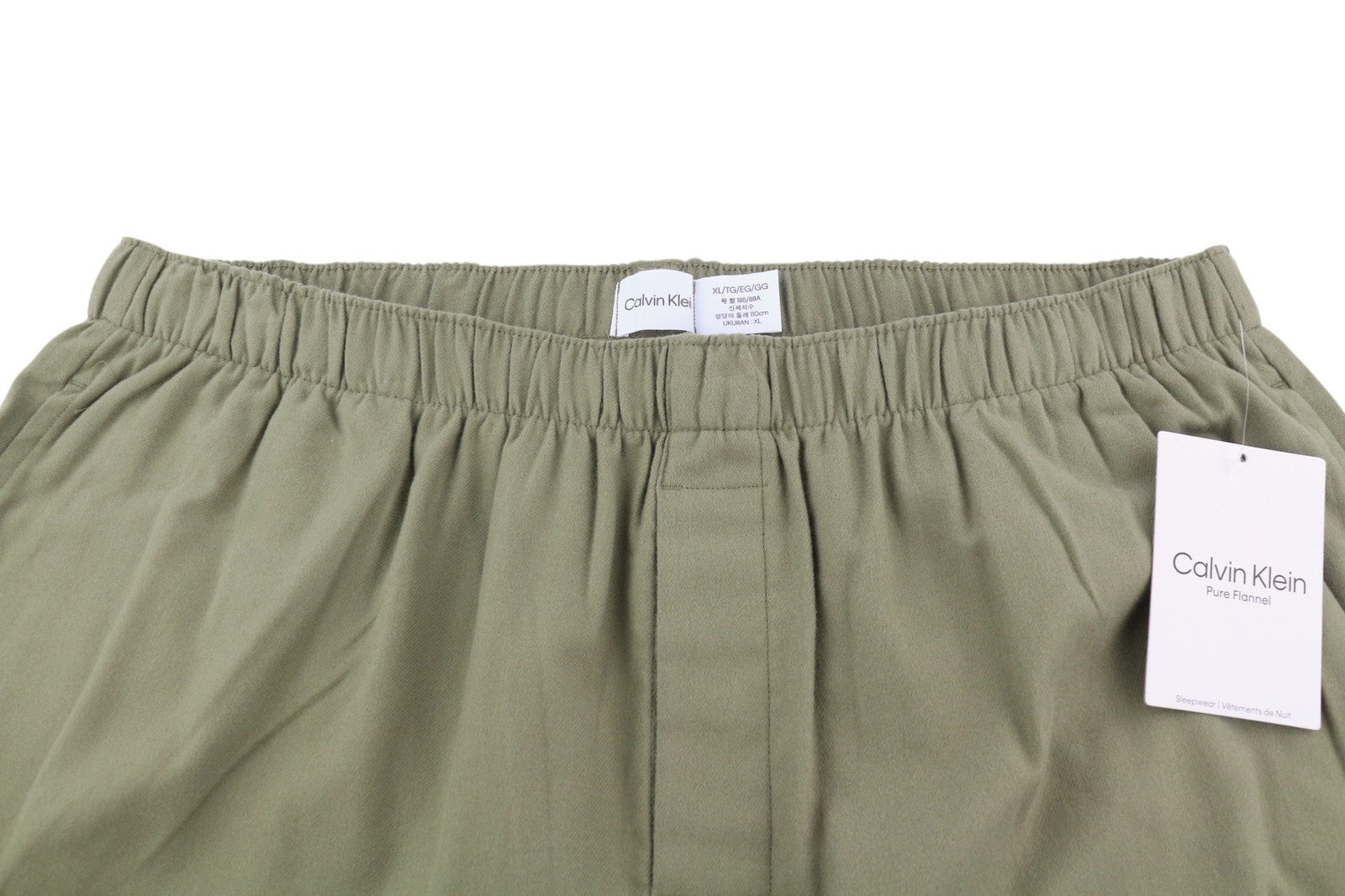 CALVIN KLEIN Men Trousers XL Khaki Green Flannel Elastic Waist Logo Sleepwear