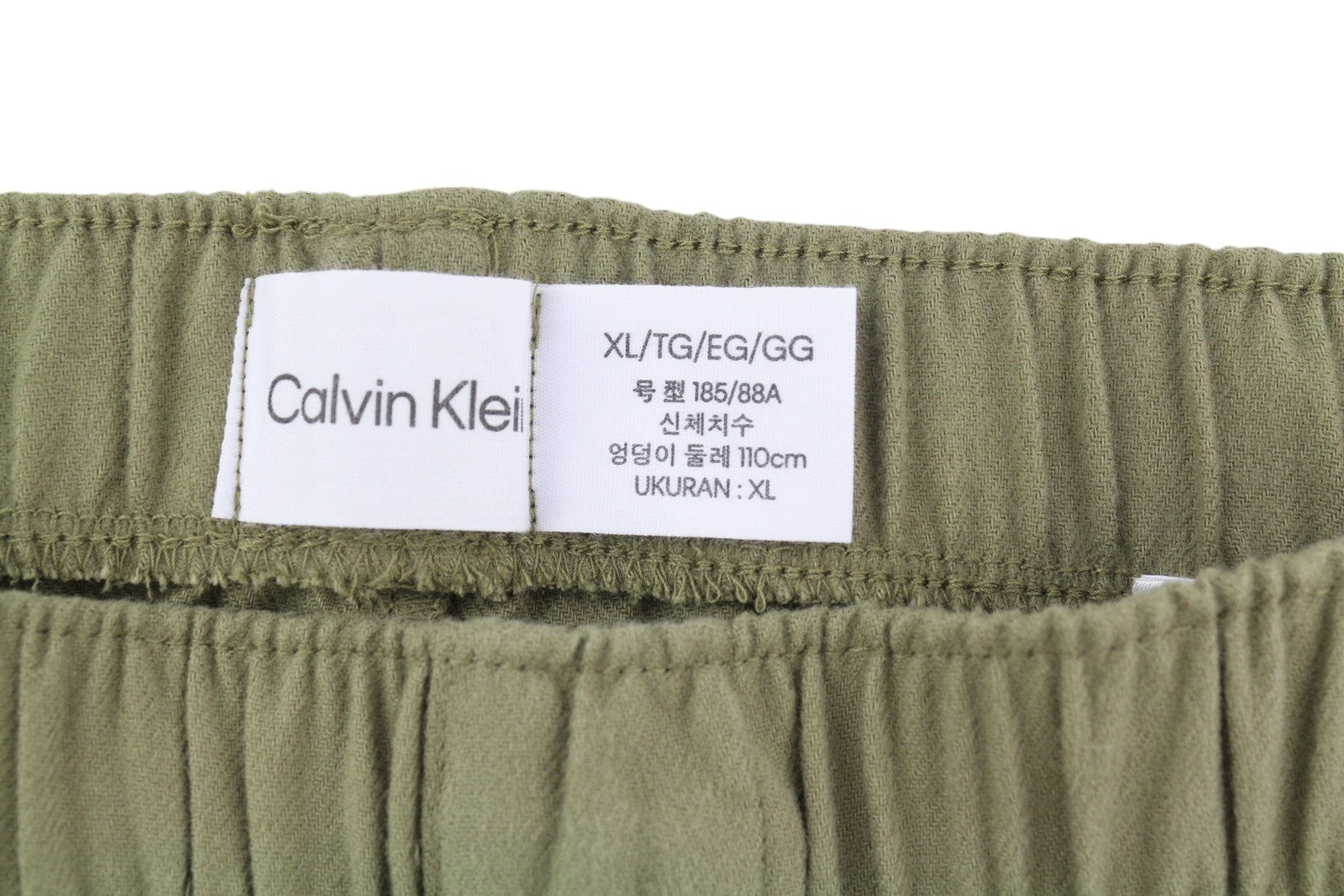 CALVIN KLEIN Men Trousers XL Khaki Green Flannel Elastic Waist Logo Sleepwear