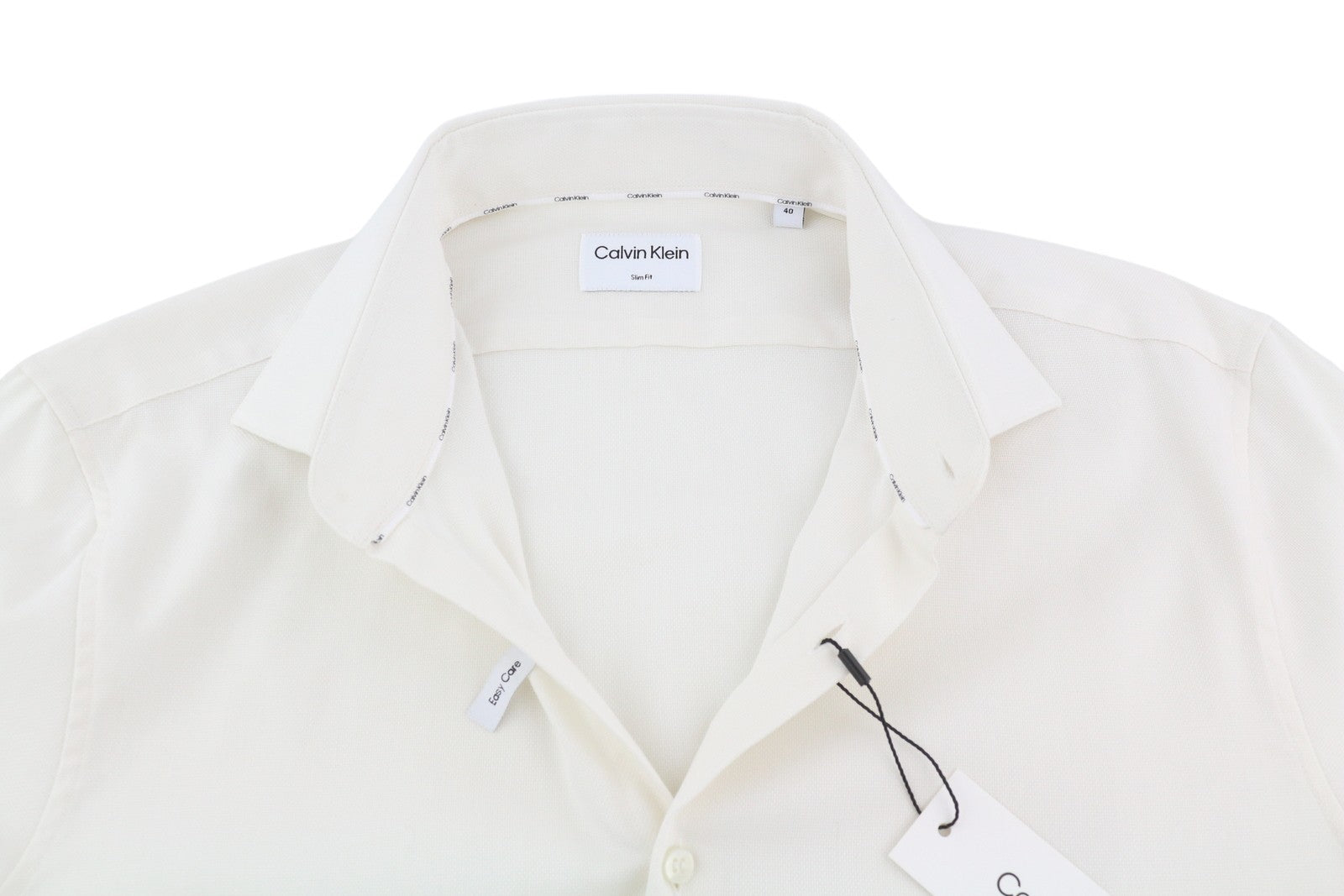 CALVIN KLEIN Structure Solid Slim Men Shirt 40 L Off White Cotton Button Light