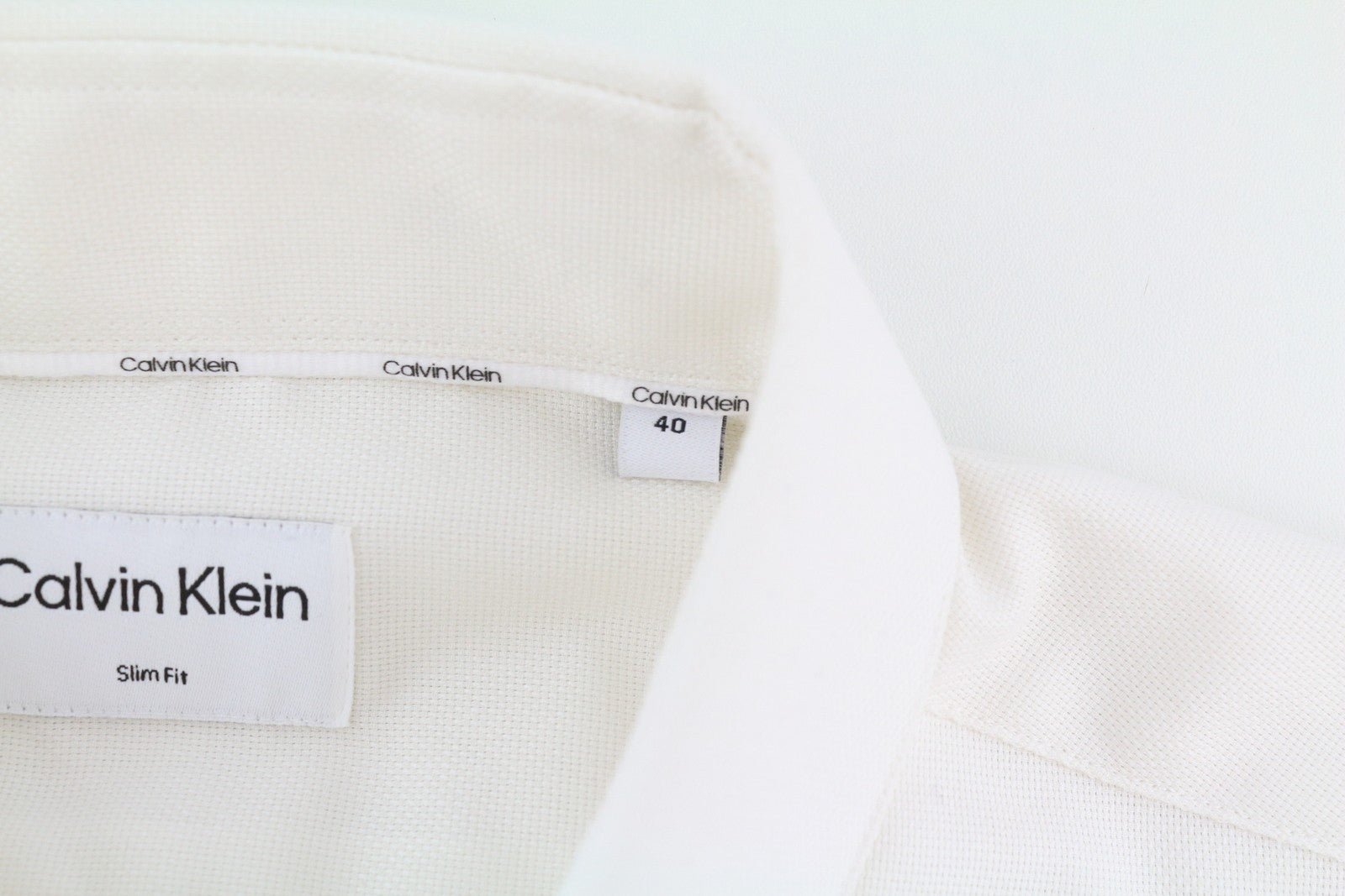 CALVIN KLEIN Structure Solid Slim Men Shirt 40 L Off White Cotton Button Light