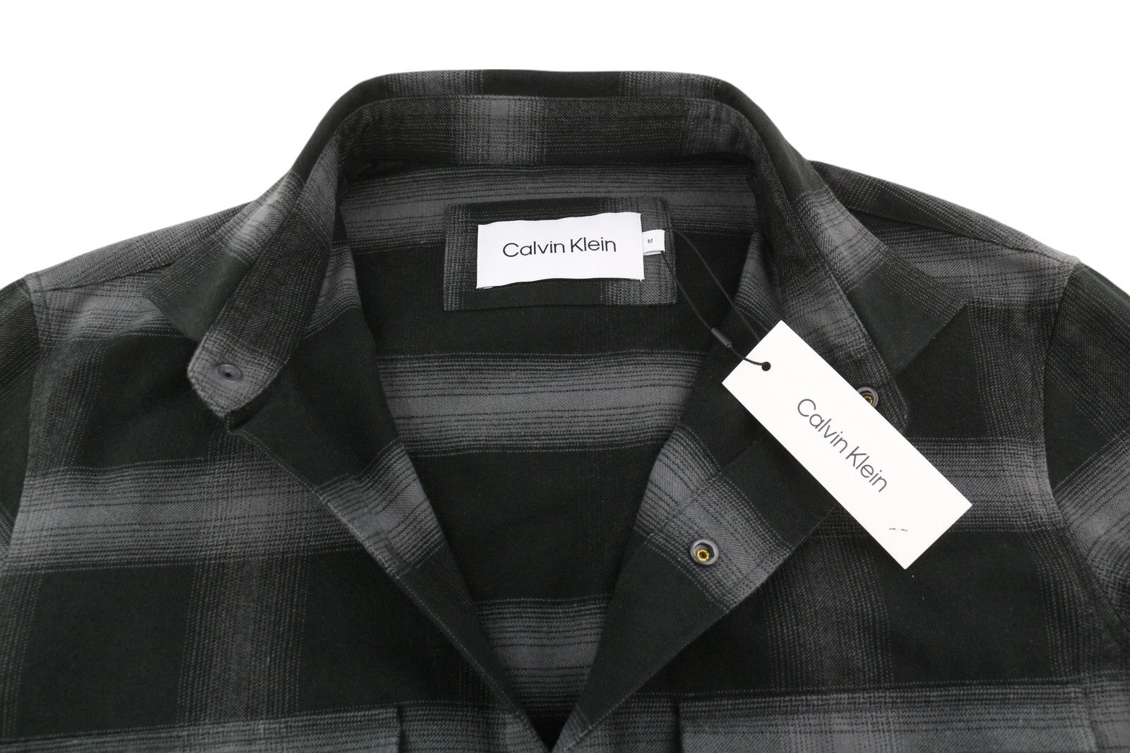 CALVIN KLEIN Twill Fleece Check Men Jacket M Black Overshirt Snap Buttons Spread