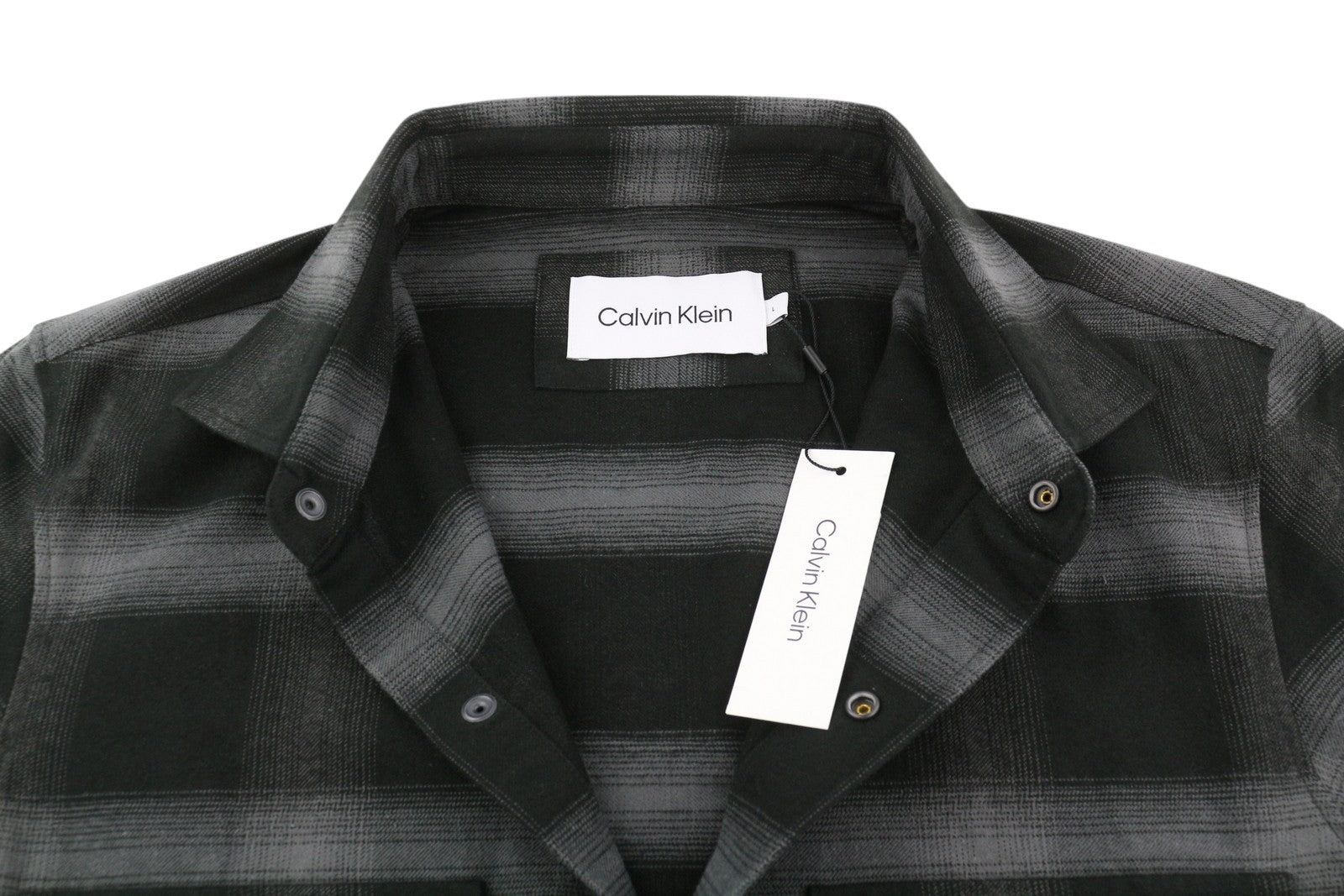 CALVIN KLEIN Twill Fleece Check Men Jacket L Black Overshirt Snap Button Spread