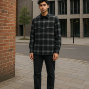 CALVIN KLEIN Twill Fleece Check Men Jacket S Black Overshirt Snap Buttons Spread