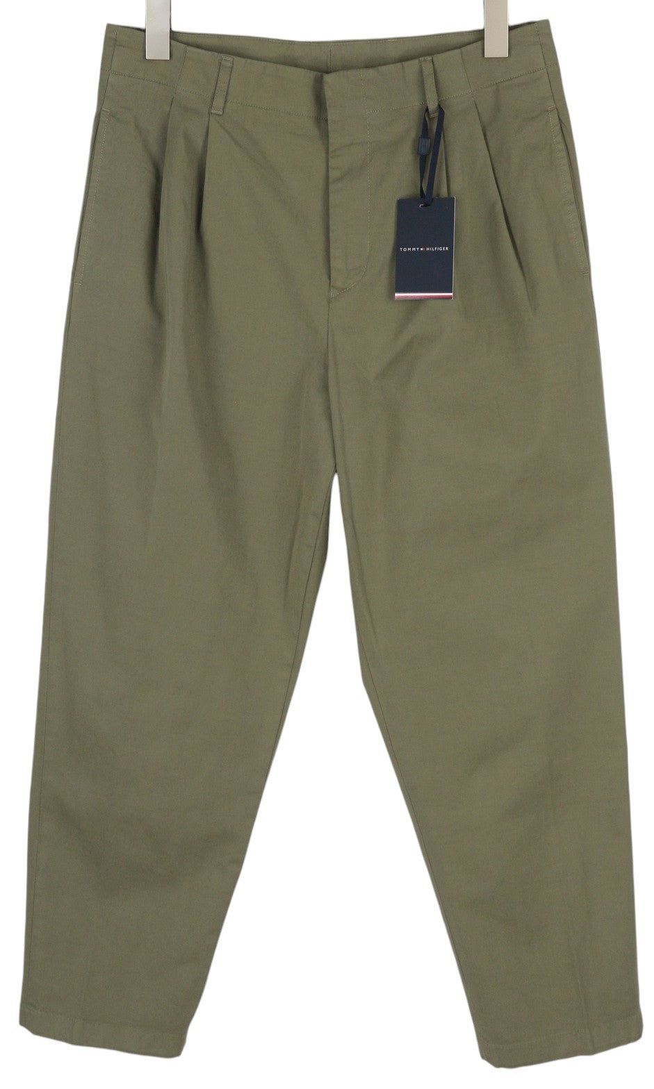 TOMMY HILFIGER Army Stretch Twill Men Trousers W32 Khaki Pleated Zip Fly Tapered