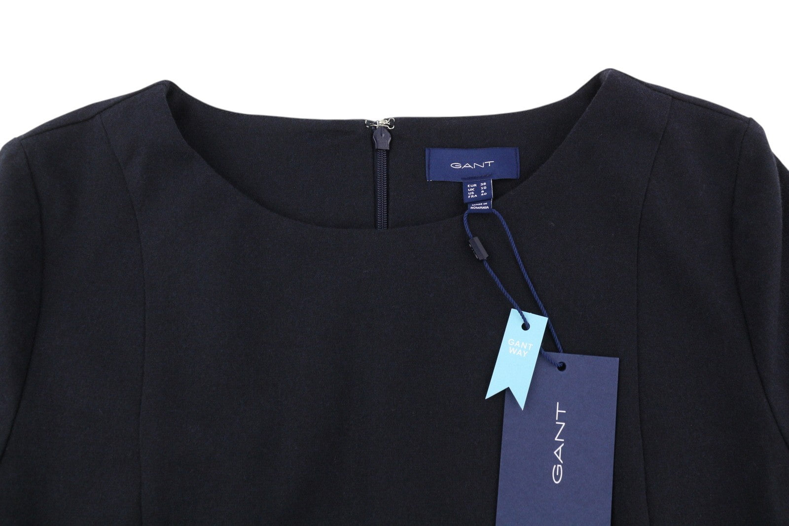 GANT Flannel Flare Women Dress EU38 Blue Wool Blend Round Neck 3/4 Sleeved Mini