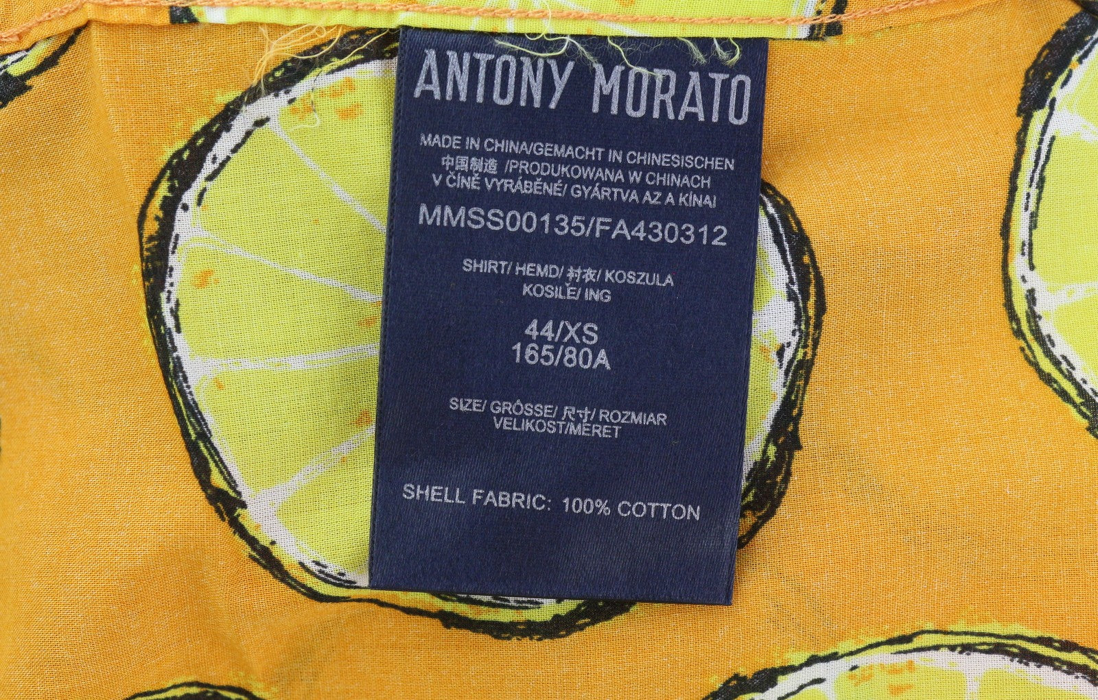ANTONY MORATO Men Shirt XS Yellow Lemon Print Straight Button-Up Short Sleeve